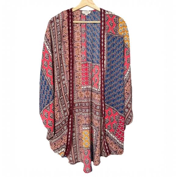 Umgee Mix Block Print Boho Patchwork Open Front Kimono Duster Size S/M - Picture 2 of 8